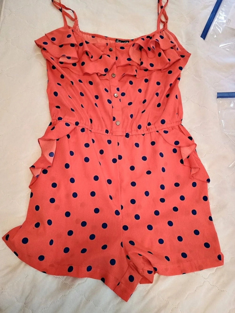 FashionWeb Polka Dot Romper in Orange & Blue Size Large Like New